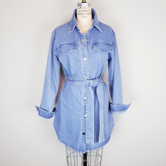 Vintage Inspired Light Denim Snap Front Shirt Dress or Long Jacket Size Large - Picture 2 of 11